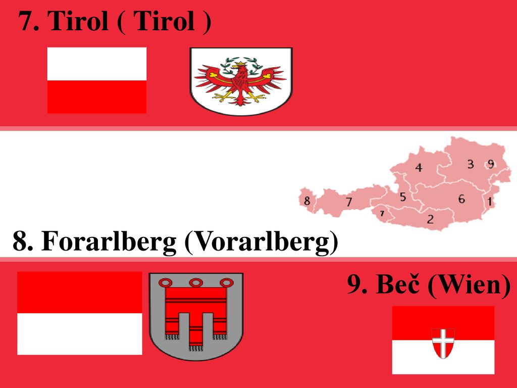 7. Tirol ( Tirol ) 8. Forarlberg (Vorarlberg) 9. Beč (Wien)