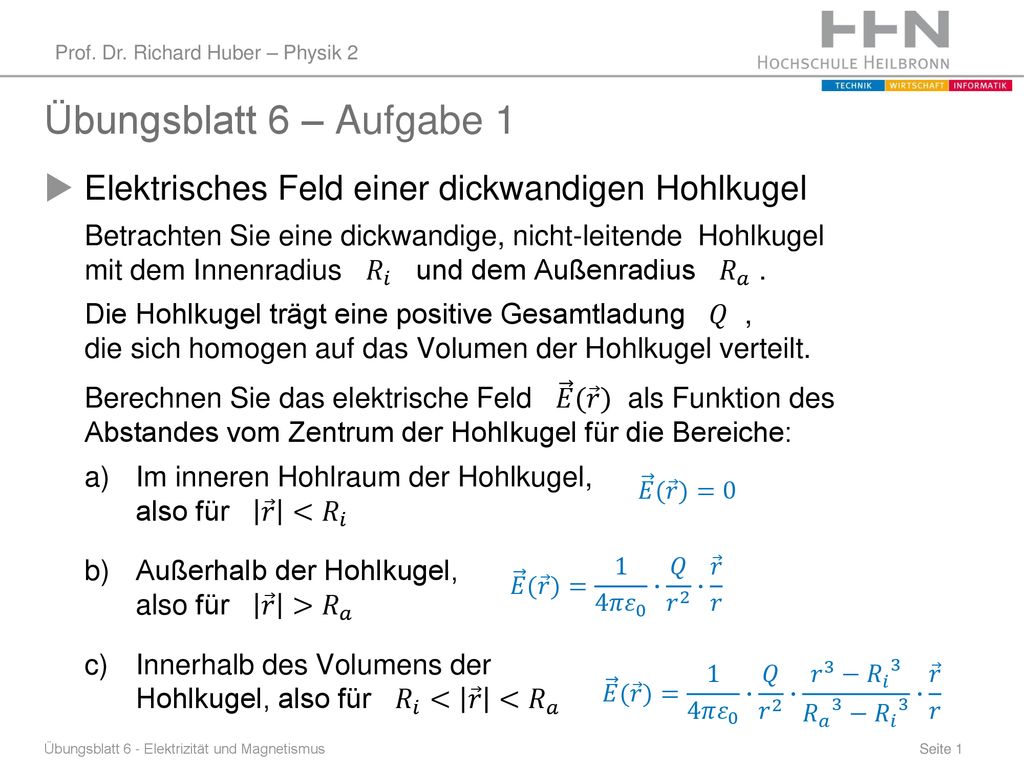 Übungsblatt 6 – Aufgabe 1 Elektrisches Feld einer dickwandigen Hohlkugel.