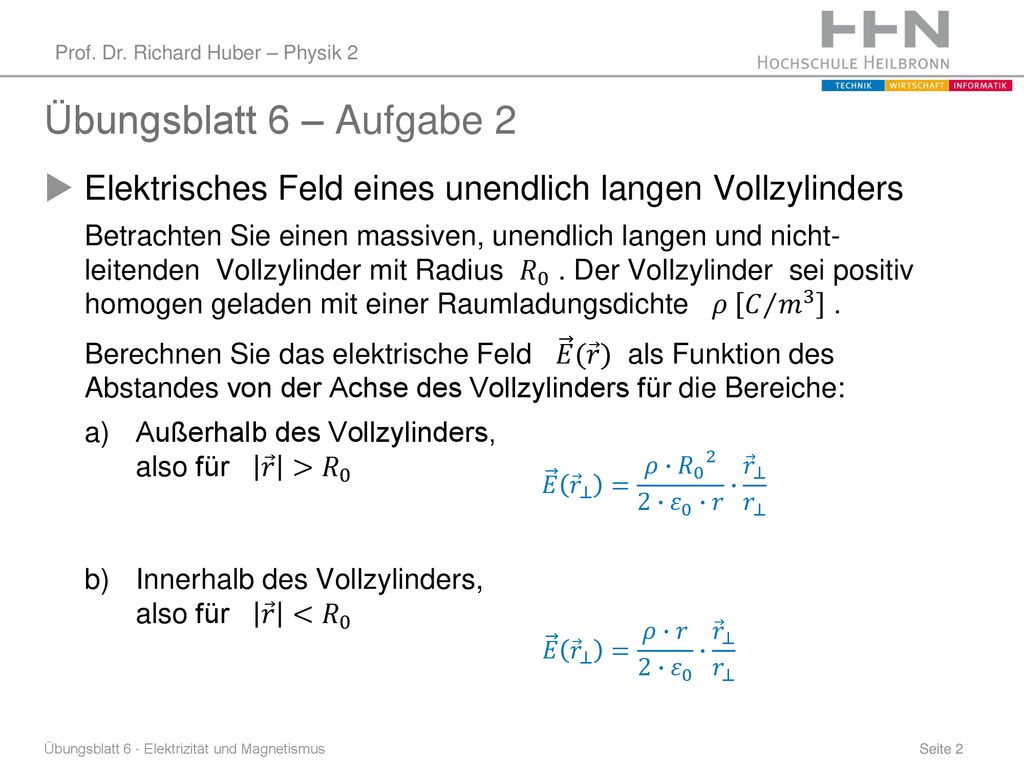 Übungsblatt 6 – Aufgabe 2 Elektrisches Feld eines unendlich langen Vollzylinders.