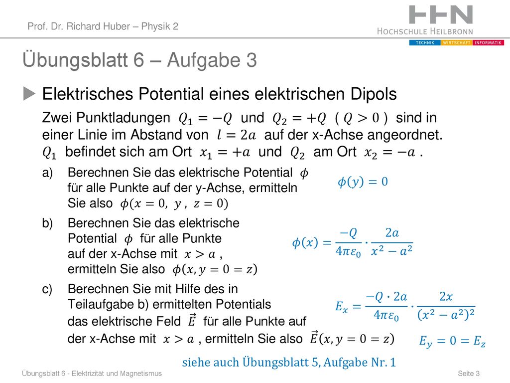 Übungsblatt 6 – Aufgabe 3 Elektrisches Potential eines elektrischen Dipols.