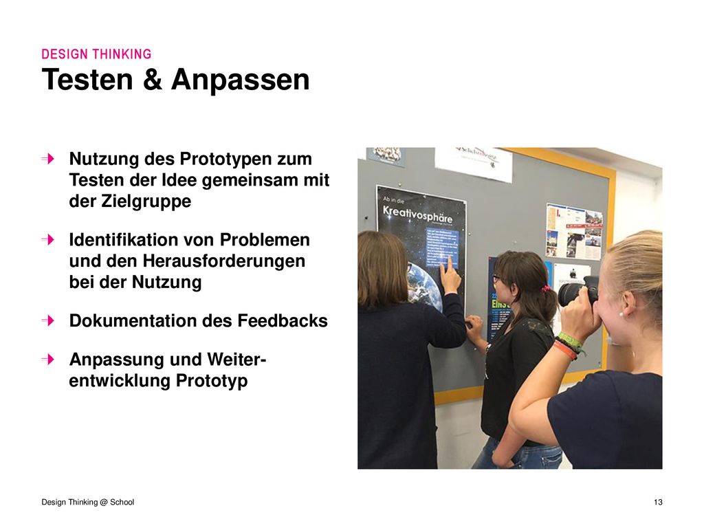 DESIGN THINKING Testen & Anpassen. Nutzung des Prototypen zum Testen der Idee gemeinsam mit der Zielgruppe.