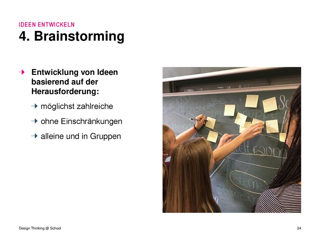 IDEEN ENTWICKELN 4. Brainstorming. Entwicklung von Ideen basierend auf der Herausforderung: möglichst zahlreiche.