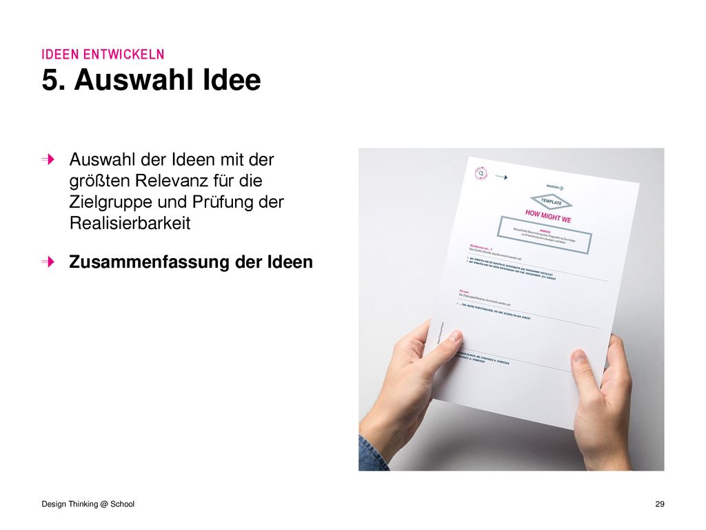 IDEEN ENTWICKELN 5. Auswahl Idee. Auswahl der Ideen mit der größten Relevanz für die Zielgruppe und Prüfung der Realisierbarkeit.
