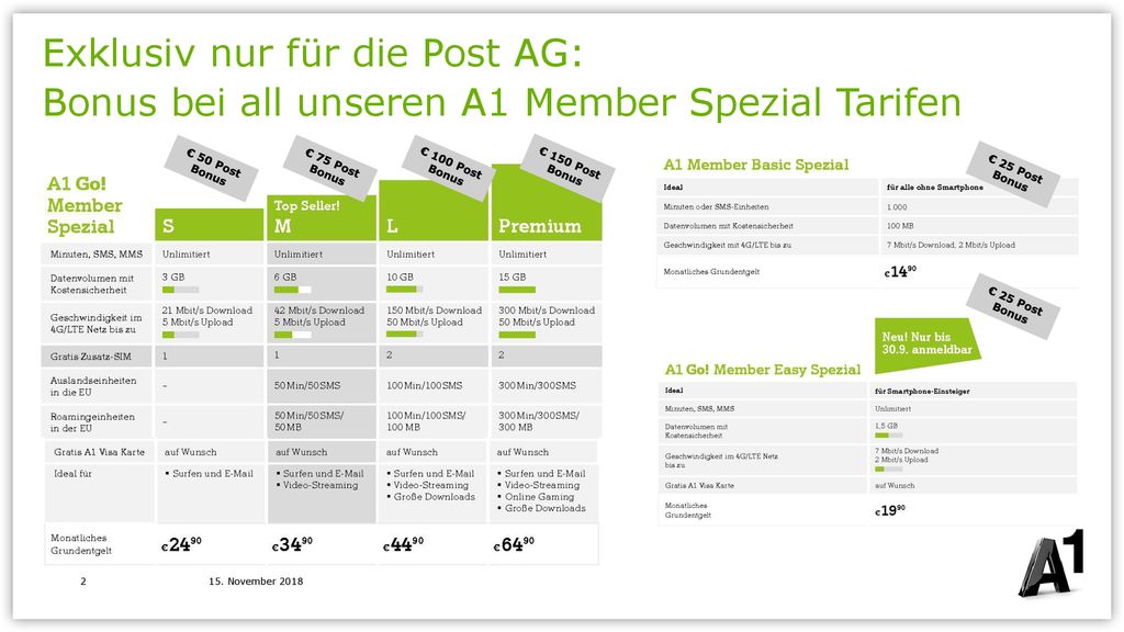 Exklusiv nur für die Post AG: Bonus bei all unseren A1 Member Spezial Tarifen