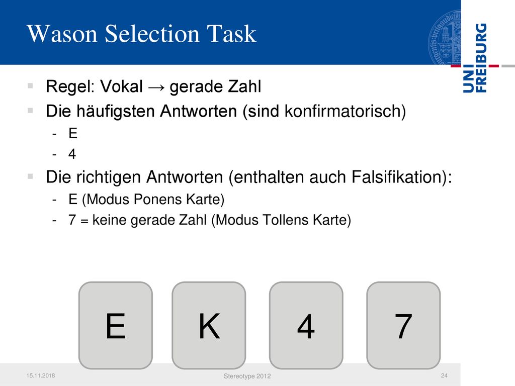 E K 4 7 Wason Selection Task Regel: Vokal → gerade Zahl
