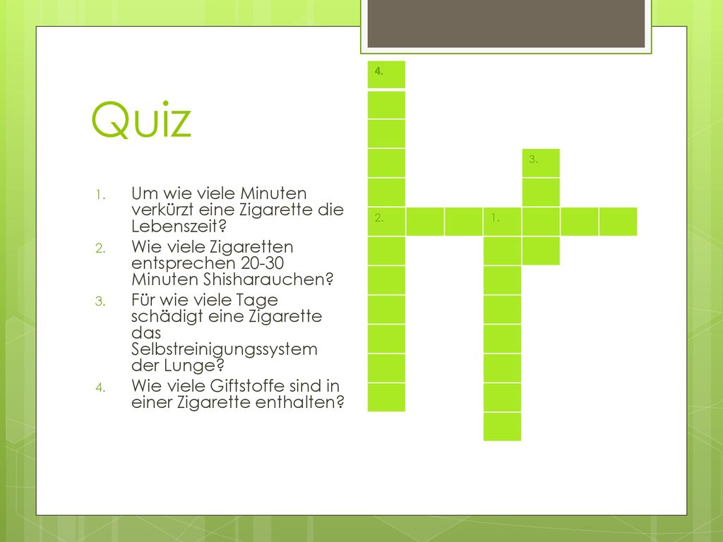 Quiz Um wie viele Minuten verkürzt eine Zigarette die Lebenszeit