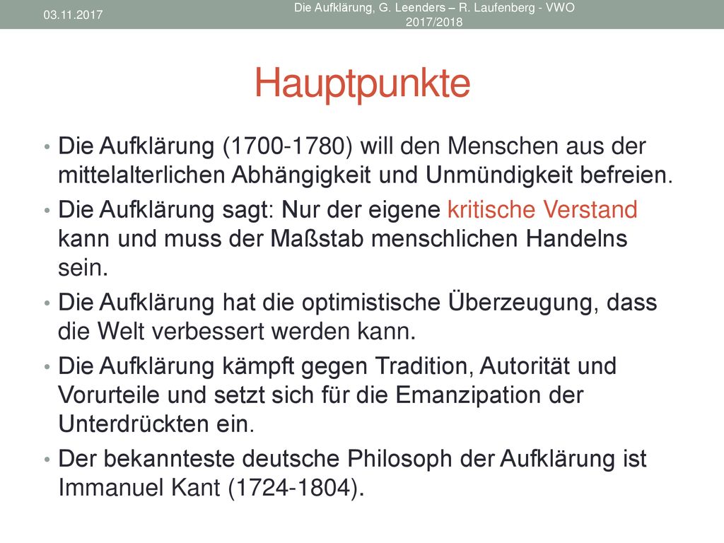 Die Aufklärung, G. Leenders – R. Laufenberg - VWO 2017/2018