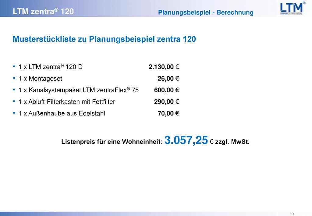 Musterstückliste zu Planungsbeispiel zentra 120