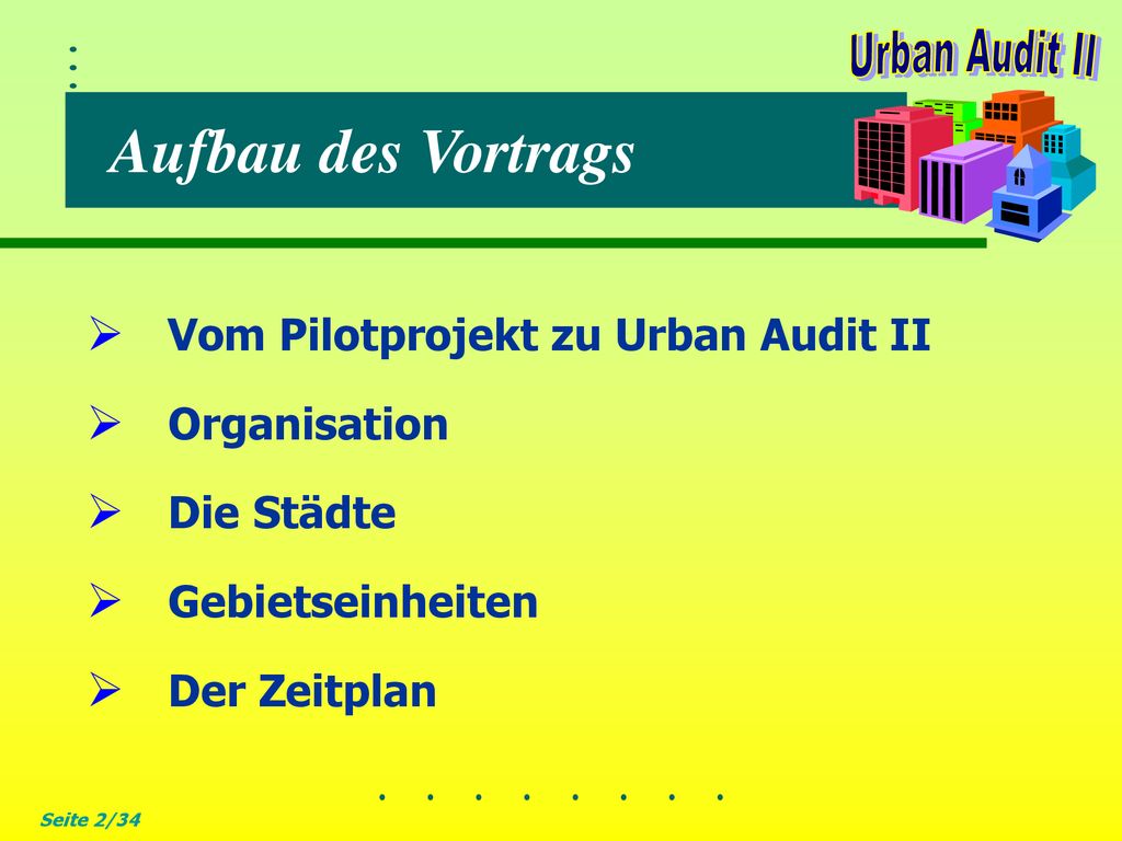 Aufbau des Vortrags Vom Pilotprojekt zu Urban Audit II Organisation