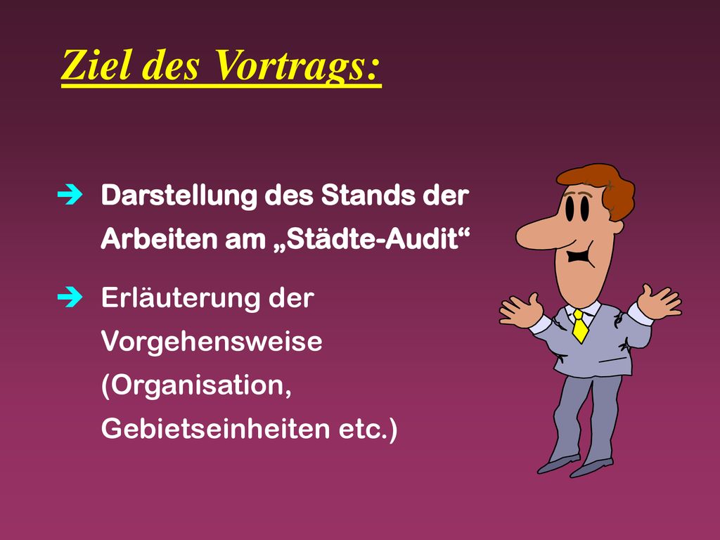 Ziel des Vortrags: Darstellung des Stands der Arbeiten am „Städte-Audit Erläuterung der Vorgehensweise (Organisation, Gebietseinheiten etc.)