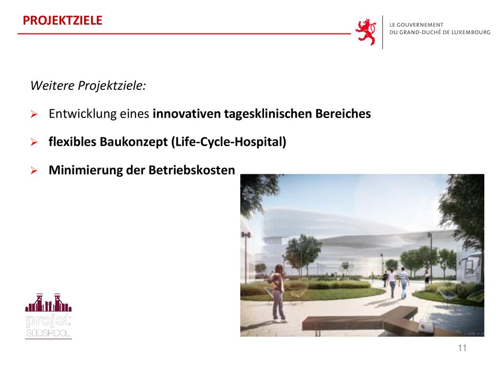 PROJEKTZIELE Weitere Projektziele: Entwicklung eines innovativen tagesklinischen Bereiches. flexibles Baukonzept (Life-Cycle-Hospital)