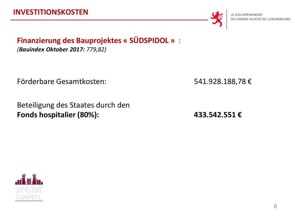 INVESTITIONSKOSTEN Finanzierung des Bauprojektes « SÜDSPIDOL » : (Bauindex Oktober 2017: 779,82)