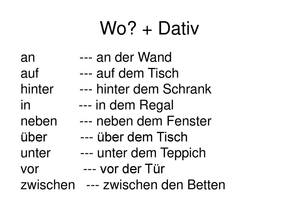 Wo + Dativ an --- an der Wand auf --- auf dem Tisch