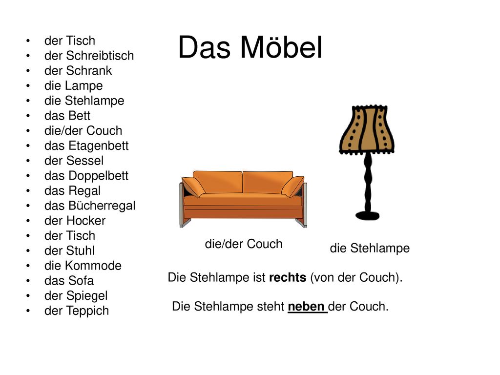 Das Möbel der Tisch der Schreibtisch der Schrank die Lampe