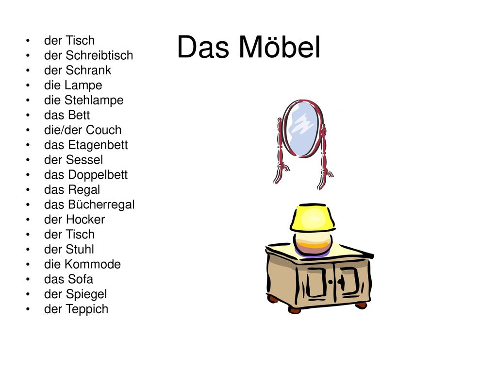Das Möbel der Tisch der Schreibtisch der Schrank die Lampe