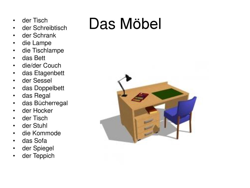 Das Möbel der Tisch der Schreibtisch der Schrank die Lampe
