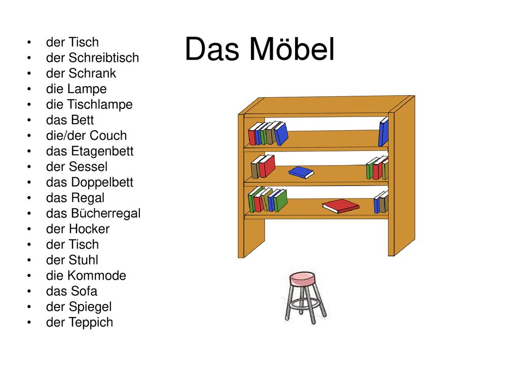 Das Möbel der Tisch der Schreibtisch der Schrank die Lampe