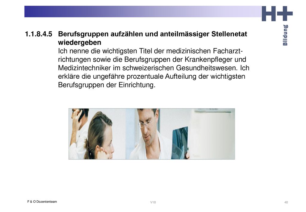 Berufsgruppen aufzählen und anteilmässiger Stellenetat wiedergeben Ich nenne die wichtigsten Titel der medizinischen Facharzt-richtungen sowie die Berufsgruppen der Krankenpfleger und Medizintechniker im schweizerischen Gesundheitswesen. Ich erkläre die ungefähre prozentuale Aufteilung der wichtigsten Berufsgruppen der Einrichtung.