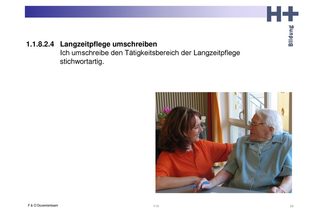Langzeitpflege umschreiben Ich umschreibe den Tätigkeitsbereich der Langzeitpflege stichwortartig.