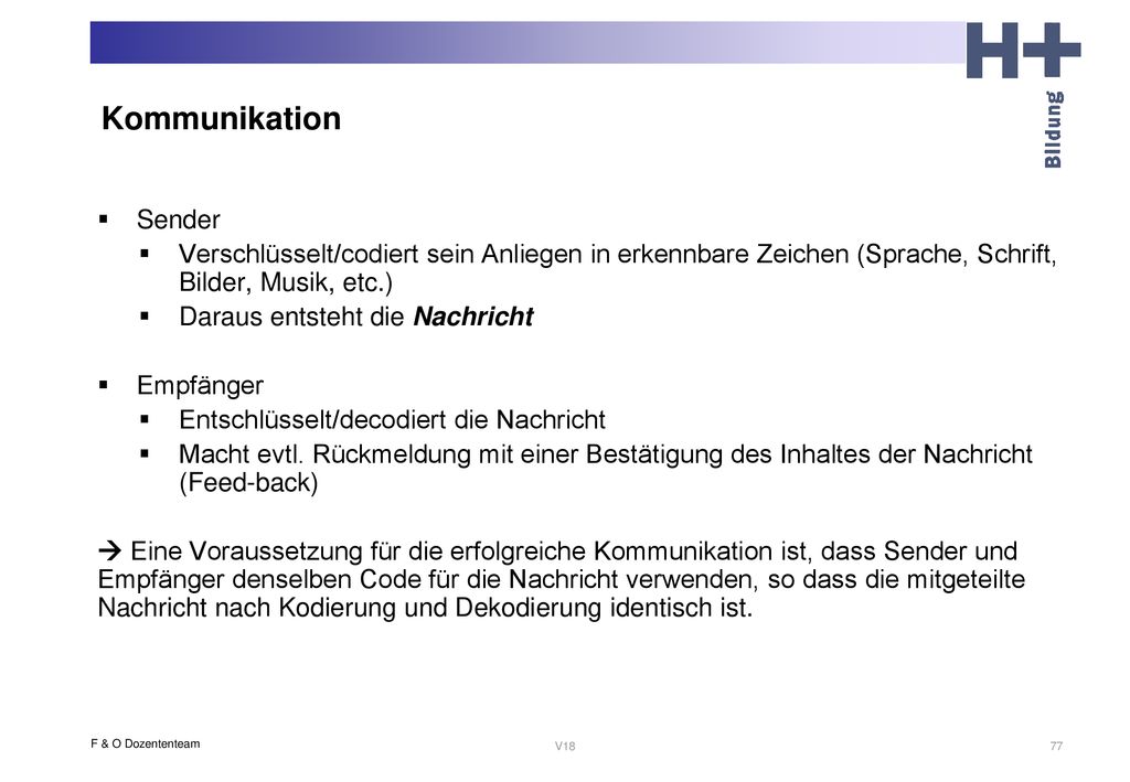 Kommunikation Sender. Verschlüsselt/codiert sein Anliegen in erkennbare Zeichen (Sprache, Schrift, Bilder, Musik, etc.)
