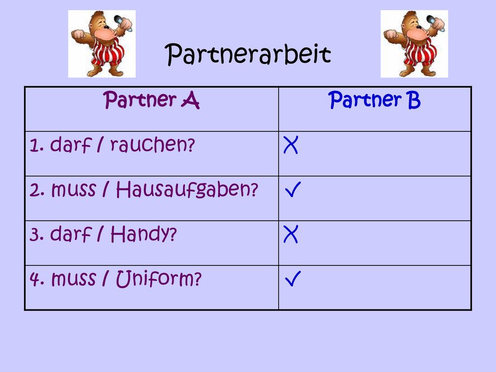 Partnerarbeit Partner A Partner B 1. darf / rauchen X
