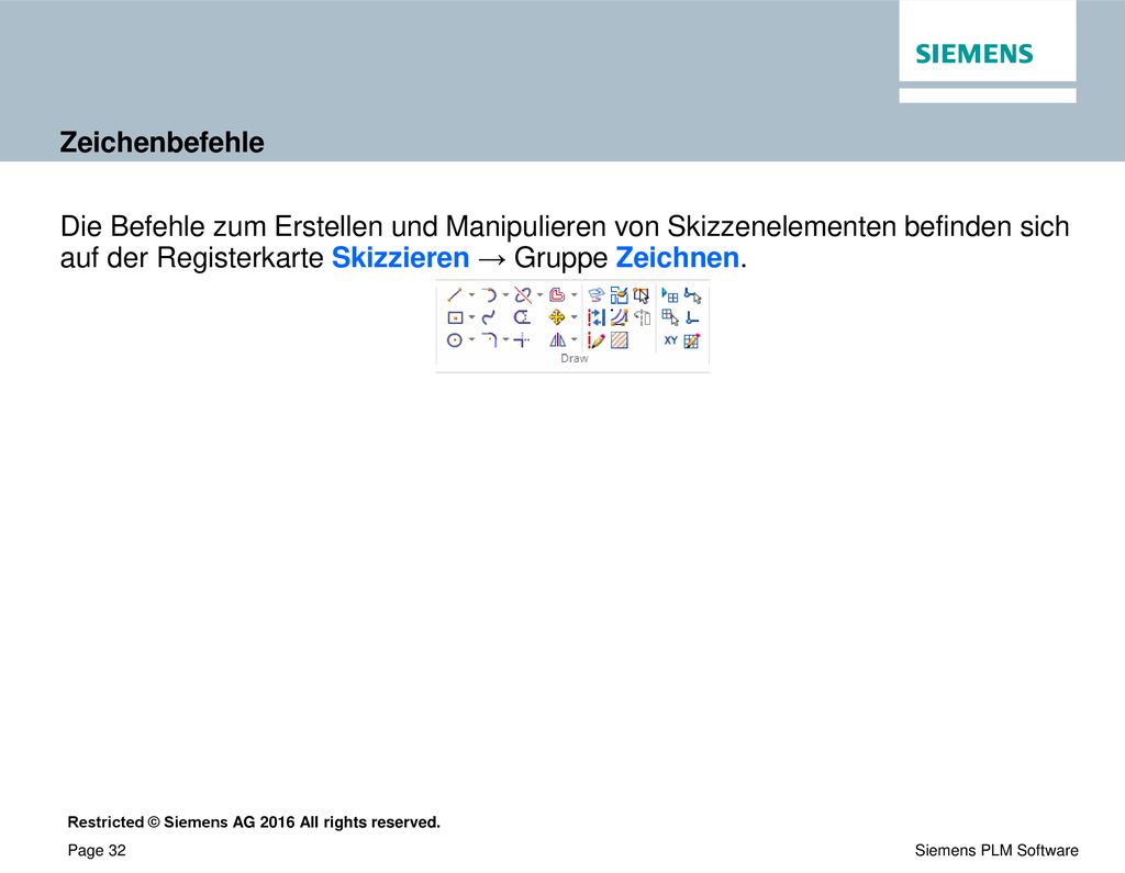 Zeichenbefehle Die Befehle zum Erstellen und Manipulieren von Skizzenelementen befinden sich auf der Registerkarte Skizzieren → Gruppe Zeichnen.
