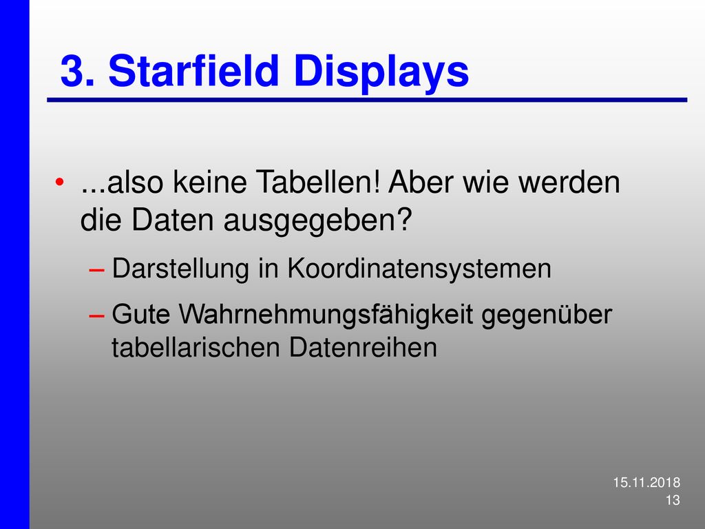 3. Starfield Displays ...also keine Tabellen! Aber wie werden die Daten ausgegeben Darstellung in Koordinatensystemen.