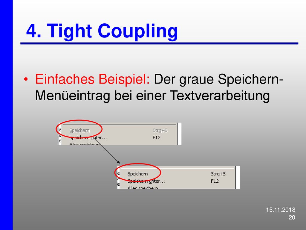 4. Tight Coupling Einfaches Beispiel: Der graue Speichern- Menüeintrag bei einer Textverarbeitung.