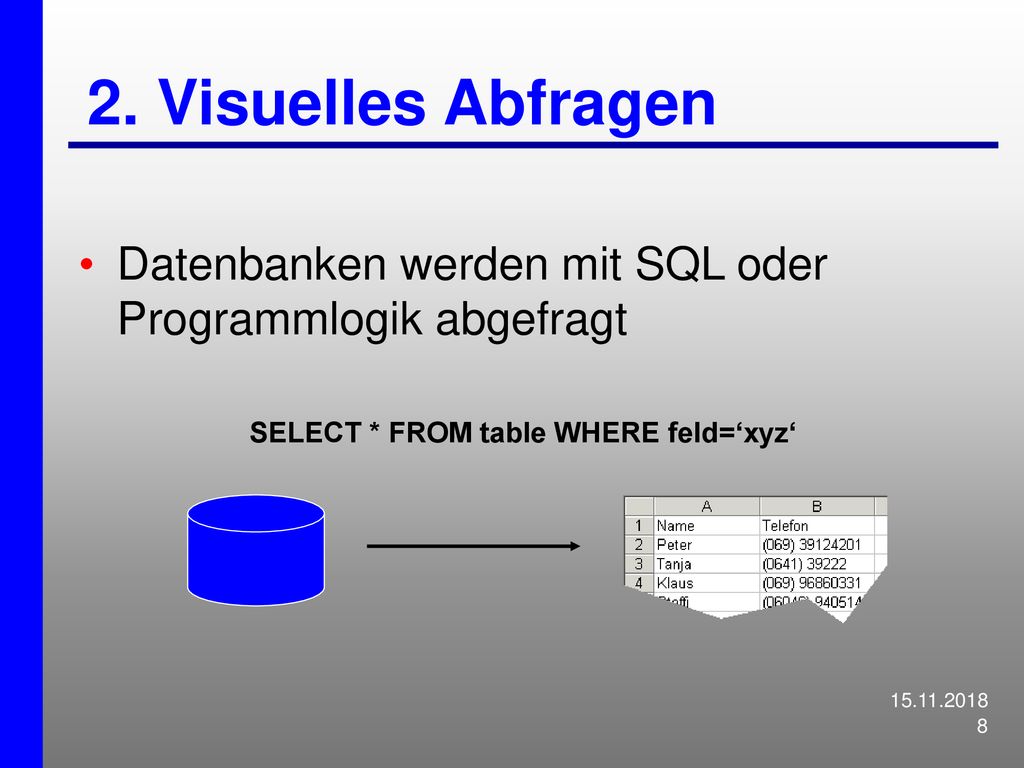 2. Visuelles Abfragen Datenbanken werden mit SQL oder Programmlogik abgefragt. SELECT * FROM table WHERE feld=‘xyz‘