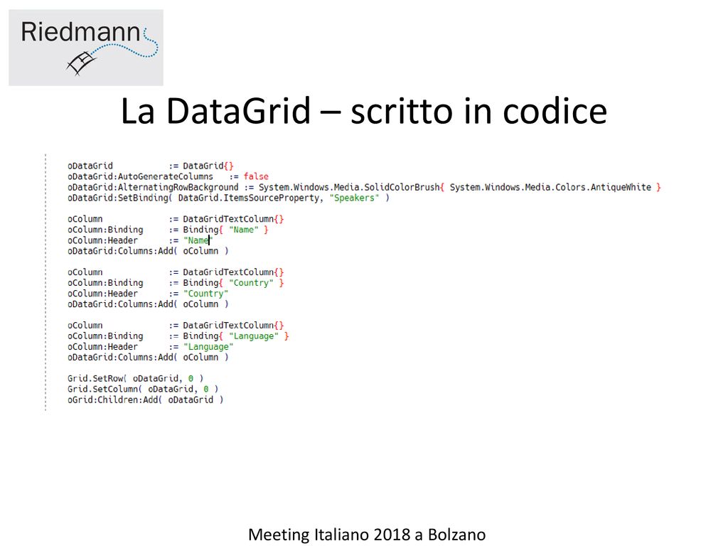 La DataGrid – scritto in codice