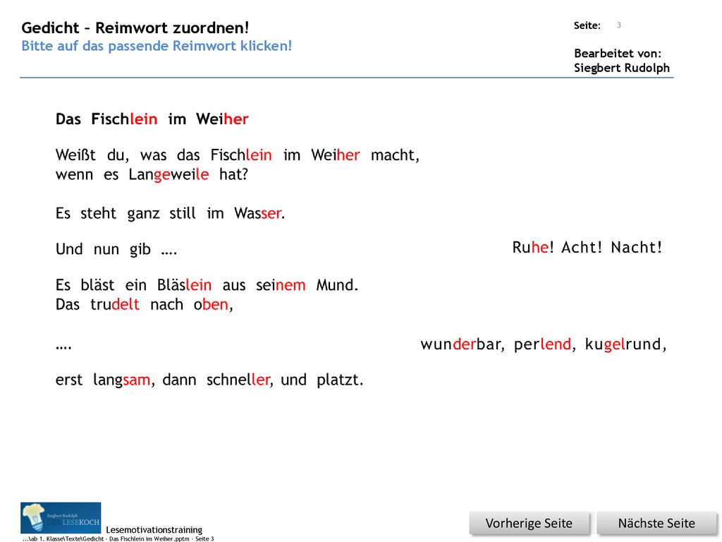 Gedicht – Reimwort zuordnen! Das Fischlein im Weiher