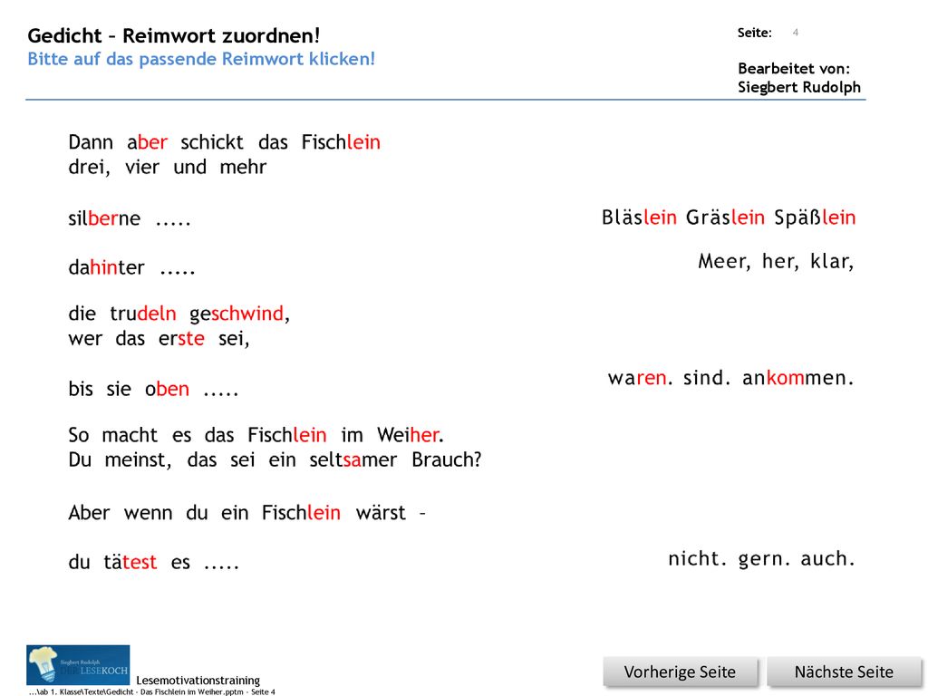 Gedicht – Reimwort zuordnen! Dann aber schickt das Fischlein