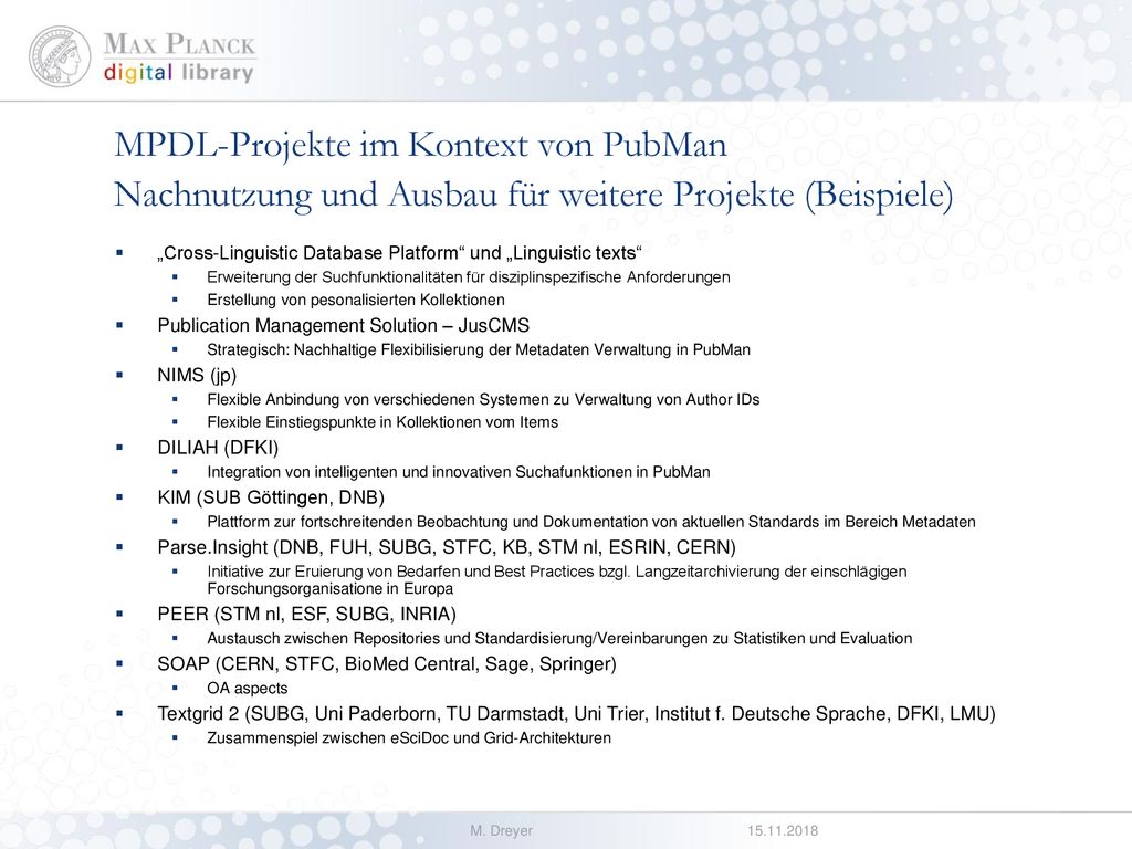 MPDL-Projekte im Kontext von PubMan Nachnutzung und Ausbau für weitere Projekte (Beispiele)