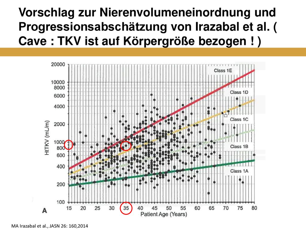 Vorschlag zur Nierenvolumeneinordnung und Progressionsabschätzung von Irazabal et al. ( Cave : TKV ist auf Körpergröße bezogen ! )