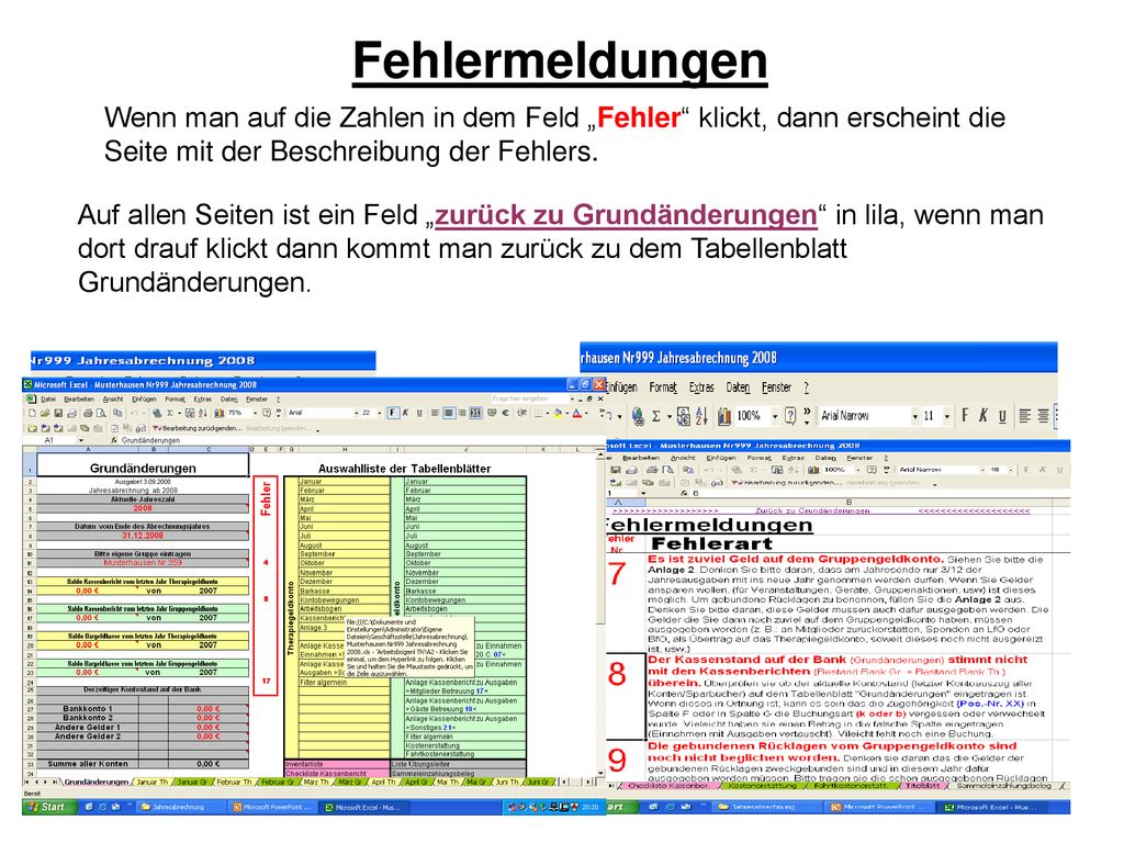 Fehlermeldungen Wenn man auf die Zahlen in dem Feld „Fehler klickt, dann erscheint die Seite mit der Beschreibung der Fehlers.