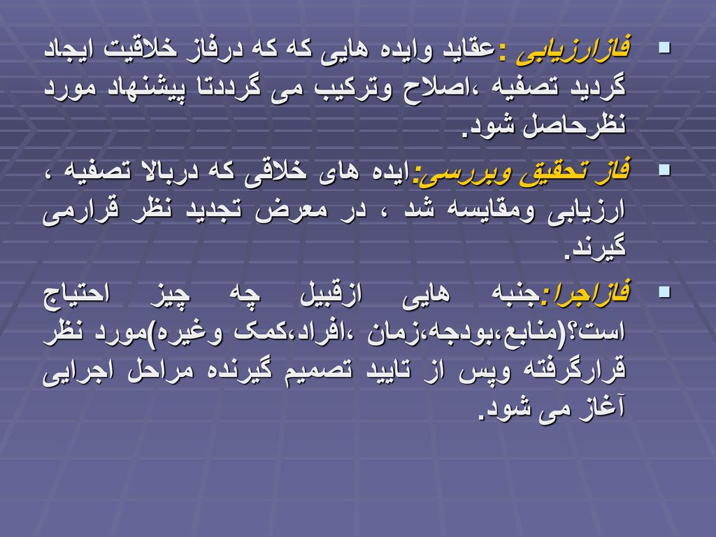 فازارزیابی :عقاید وایده هایی که که درفاز خلاقیت ایجاد گردید تصفیه ،اصلاح وترکیب می گرددتا پیشنهاد مورد نظرحاصل شود.