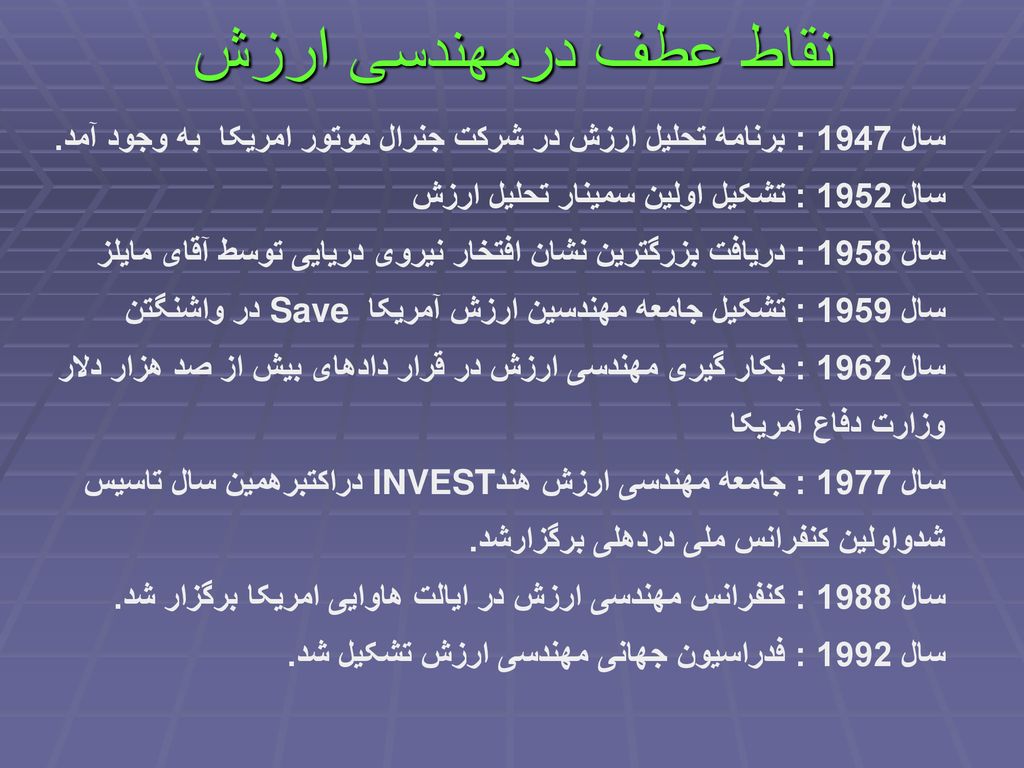 نقاط عطف درمهندسی ارزش سال 1947 : برنامه تحلیل ارزش در شرکت جنرال موتور امریکا به وجود آمد. سال 1952 : تشکیل اولین سمینار تحلیل ارزش.