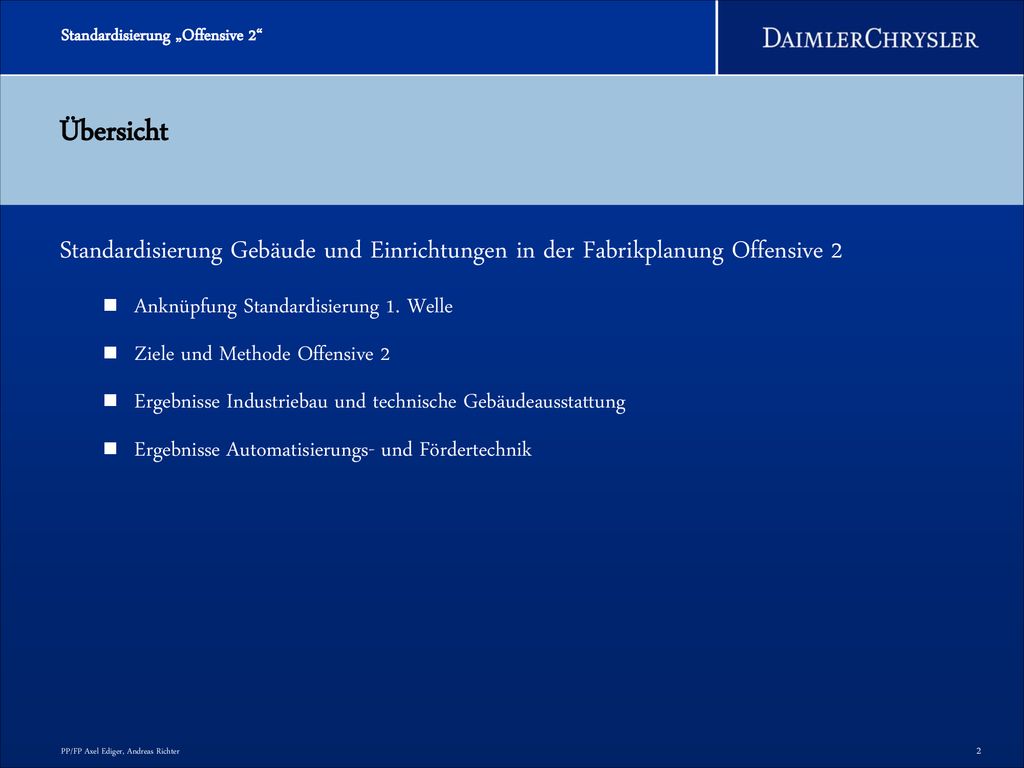 Übersicht Standardisierung Gebäude und Einrichtungen in der Fabrikplanung Offensive 2. Anknüpfung Standardisierung 1. Welle.