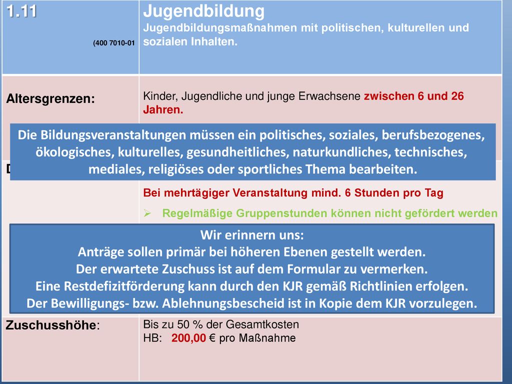 1.11 ( Jugendbildung. Jugendbildungsmaßnahmen mit politischen, kulturellen und sozialen Inhalten.
