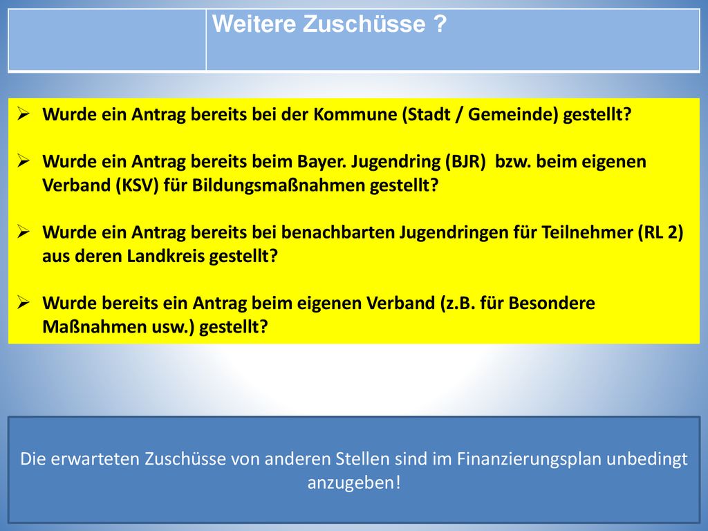 Weitere Zuschüsse Wurde ein Antrag bereits bei der Kommune (Stadt / Gemeinde) gestellt