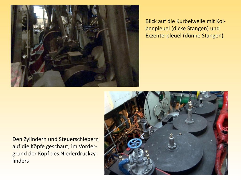 Blick auf die Kurbelwelle mit Kol-benpleuel (dicke Stangen) und Exzenterpleuel (dünne Stangen)