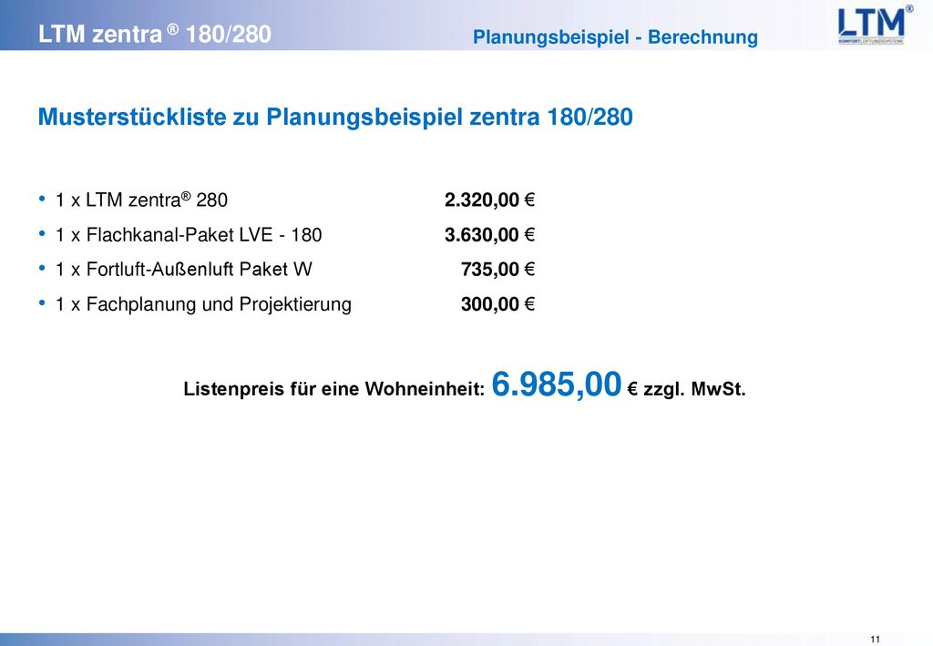 Musterstückliste zu Planungsbeispiel zentra 180/280