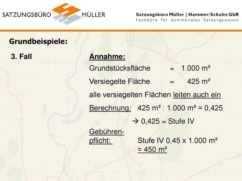 Grundbeispiele: 3. Fall. Annahme: Grundstücksfläche = m². Versiegelte Fläche = 425 m². alle versiegelten Flächen leiten auch ein.