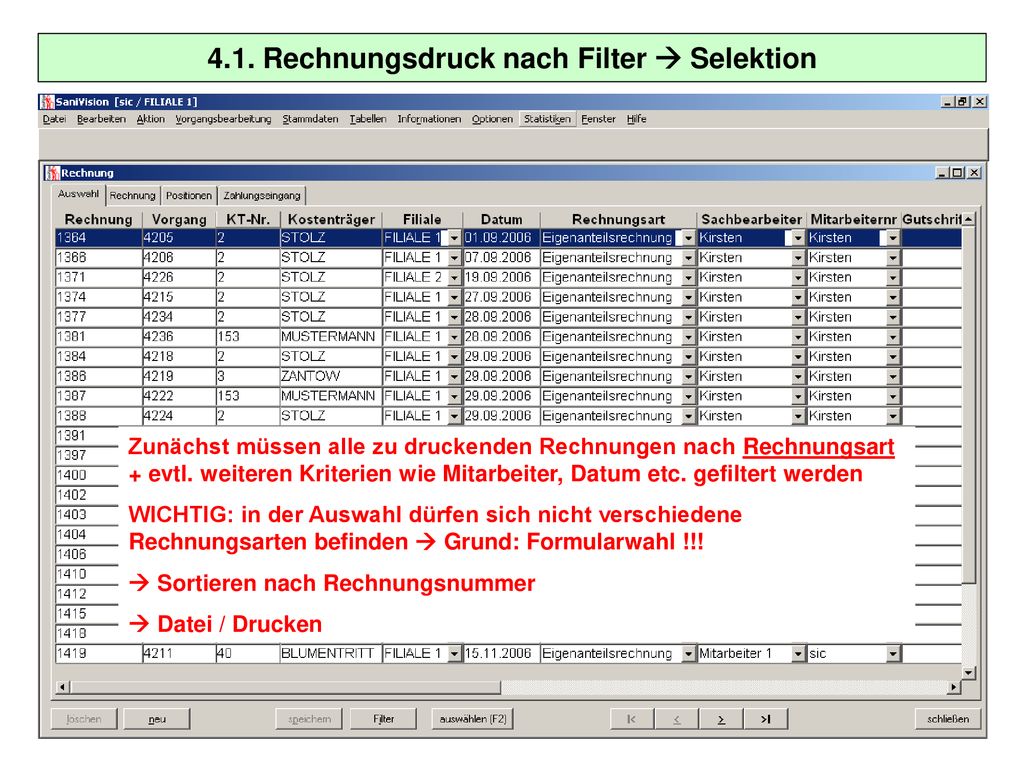 4.1. Rechnungsdruck nach Filter  Selektion