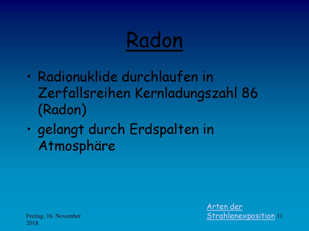 Radon Radionuklide durchlaufen in Zerfallsreihen Kernladungszahl 86 (Radon) gelangt durch Erdspalten in Atmosphäre.