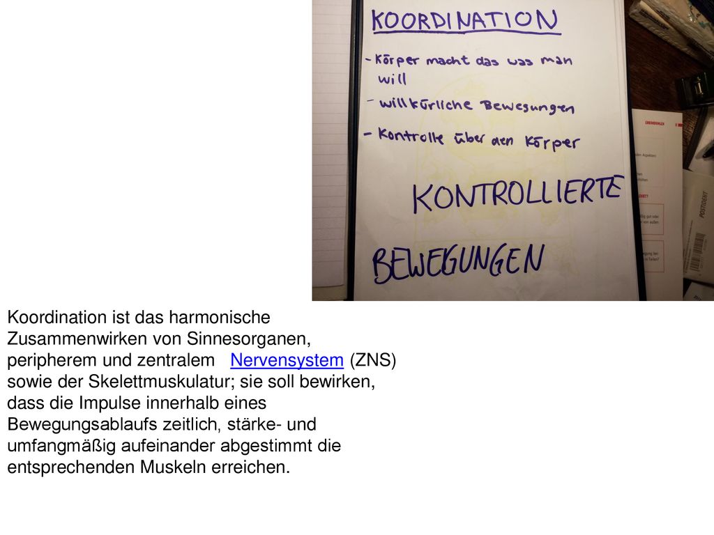 Koordination ist das harmonische Zusammenwirken von Sinnesorganen, peripherem und zentralem Nervensystem (ZNS) sowie der Skelettmuskulatur; sie soll bewirken, dass die Impulse innerhalb eines Bewegungsablaufs zeitlich, stärke- und umfangmäßig aufeinander abgestimmt die entsprechenden Muskeln erreichen.