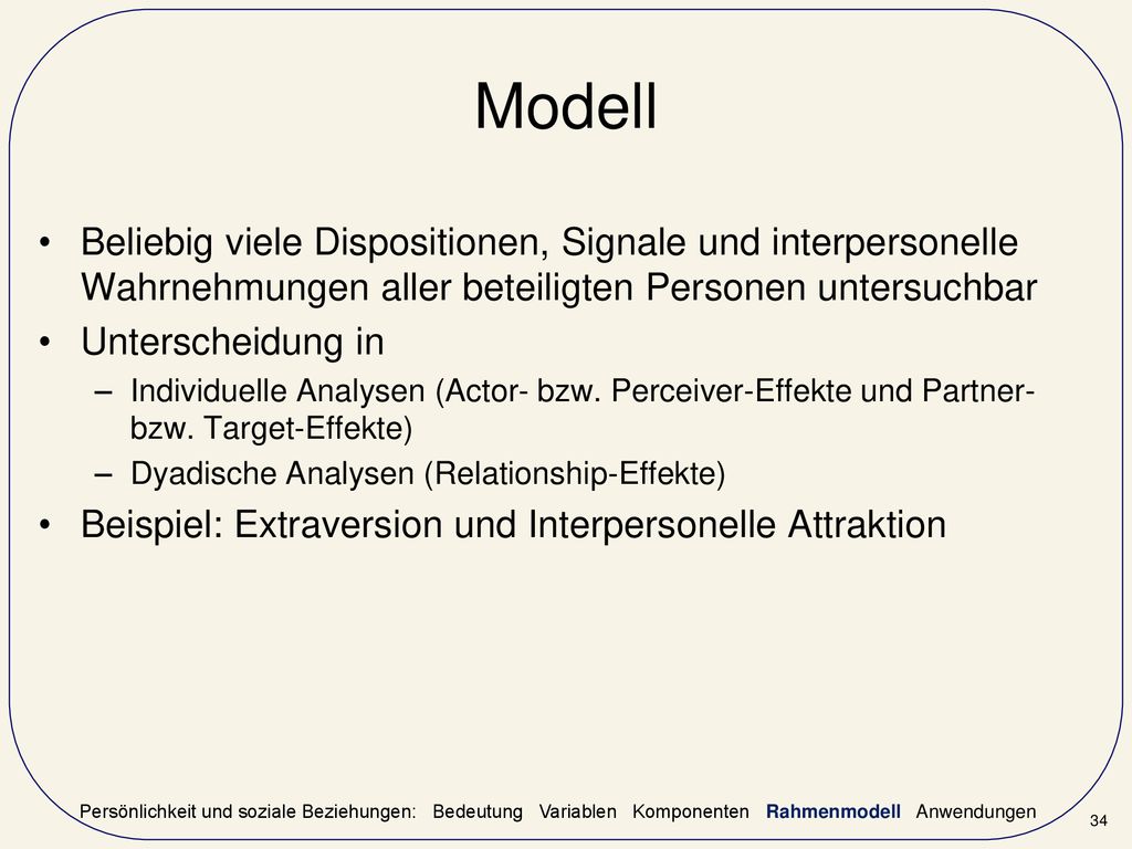 Modell Beliebig viele Dispositionen, Signale und interpersonelle Wahrnehmungen aller beteiligten Personen untersuchbar.