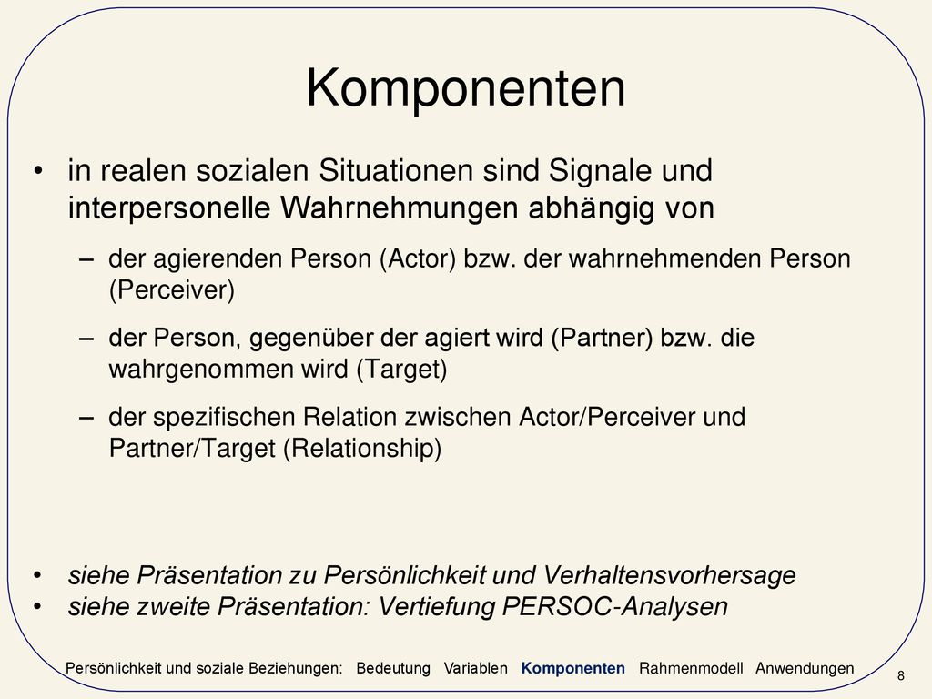 Komponenten in realen sozialen Situationen sind Signale und interpersonelle Wahrnehmungen abhängig von.