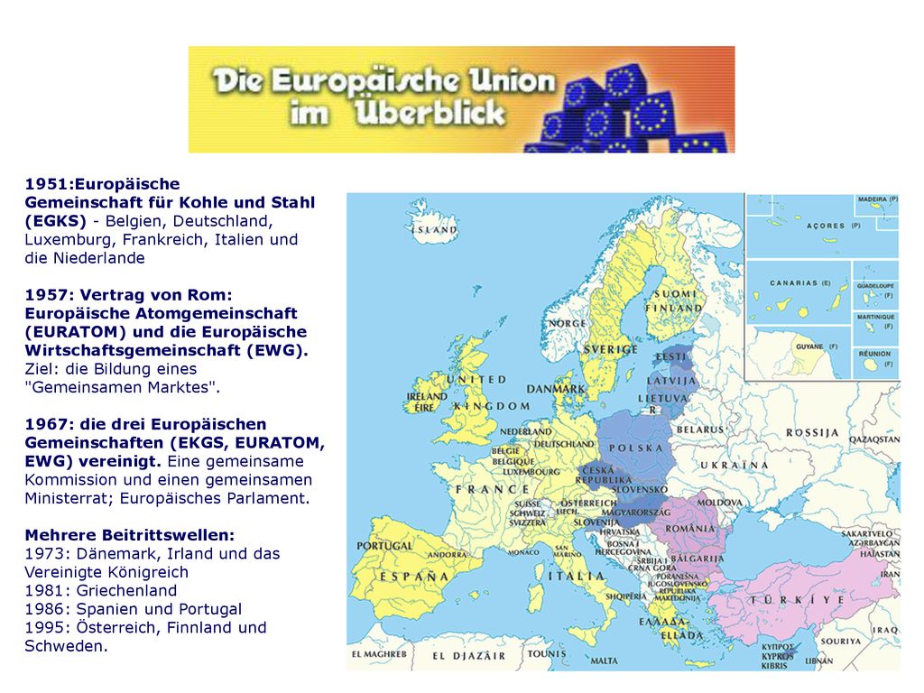 1951:Europäische Gemeinschaft für Kohle und Stahl. (EGKS) - Belgien, Deutschland, Luxemburg, Frankreich, Italien und.