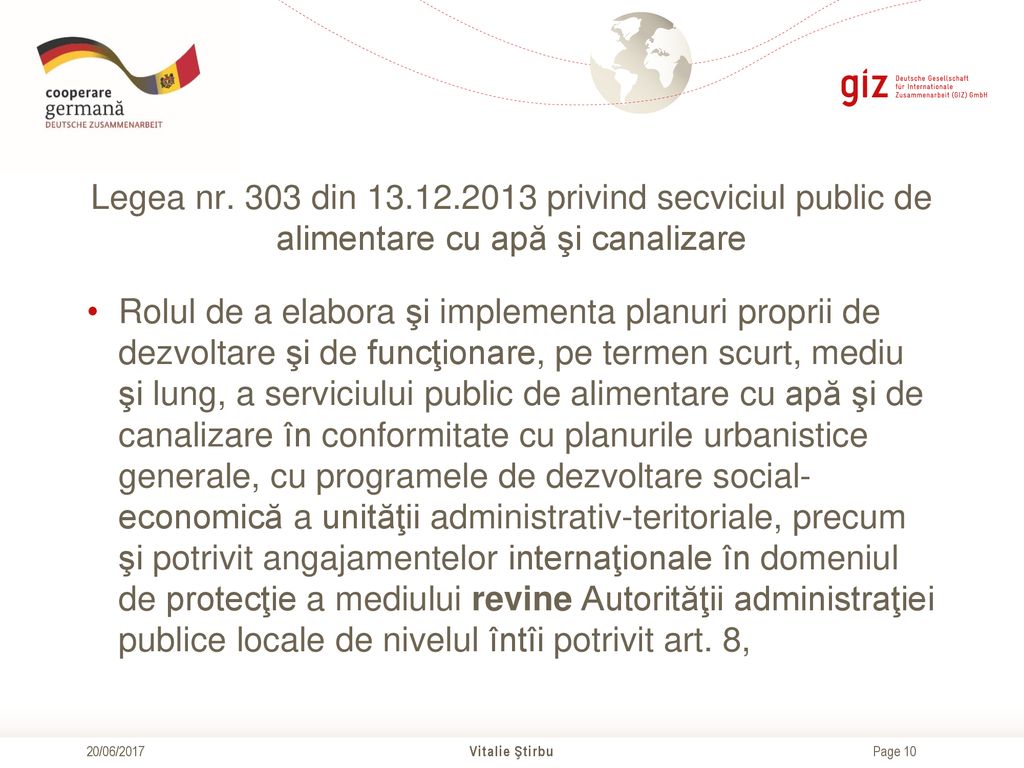 Legea nr. 303 din privind secviciul public de alimentare cu apă şi canalizare